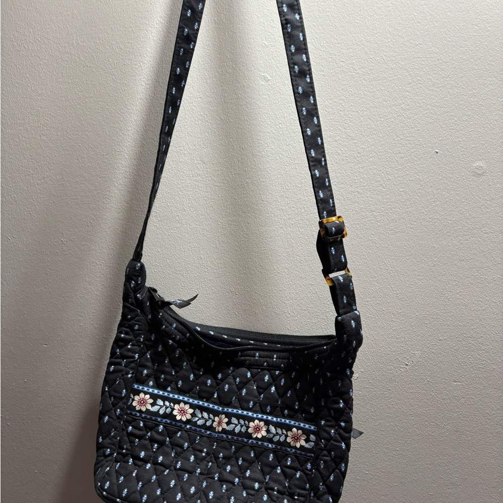 Vera Bradley Black Quilted Crossbody with Blue and White Floral Trim